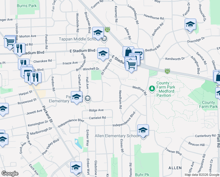 map of restaurants, bars, coffee shops, grocery stores, and more near 2375 Saint Francis Drive in Ann Arbor