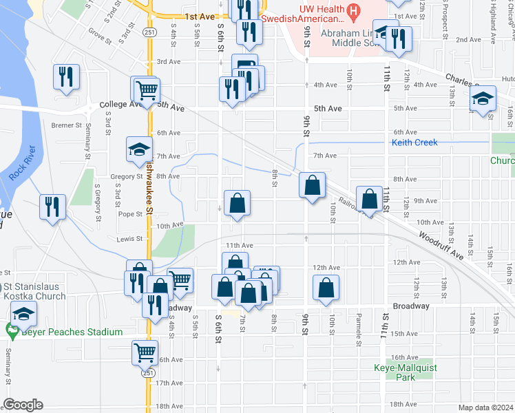 map of restaurants, bars, coffee shops, grocery stores, and more near 1026 7th Street in Rockford