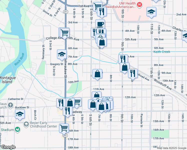 map of restaurants, bars, coffee shops, grocery stores, and more near 1026 South 6th Street in Rockford