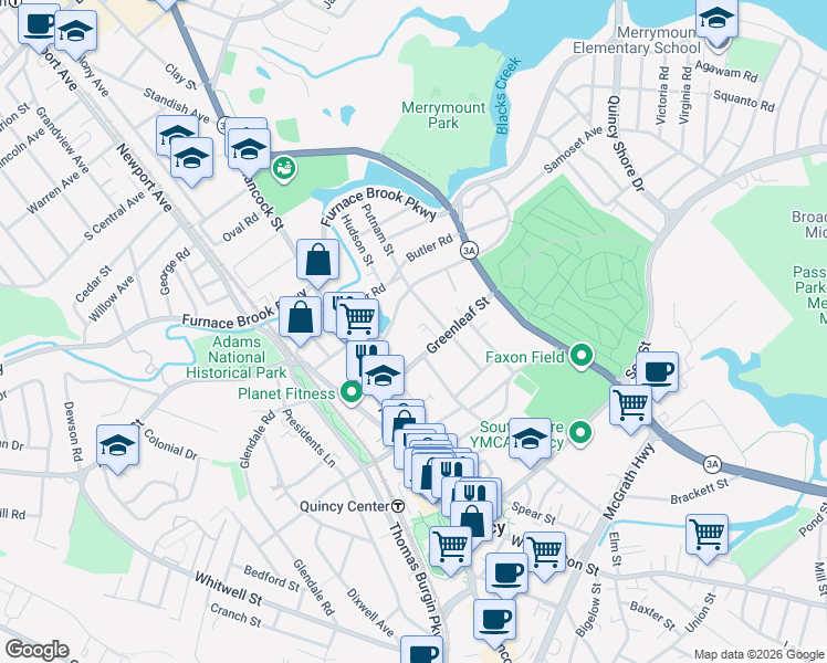 map of restaurants, bars, coffee shops, grocery stores, and more near 43 Merrymount Road in Quincy