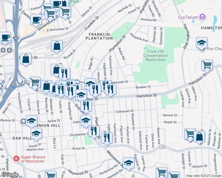 map of restaurants, bars, coffee shops, grocery stores, and more near 100 Fairmont Avenue in Worcester