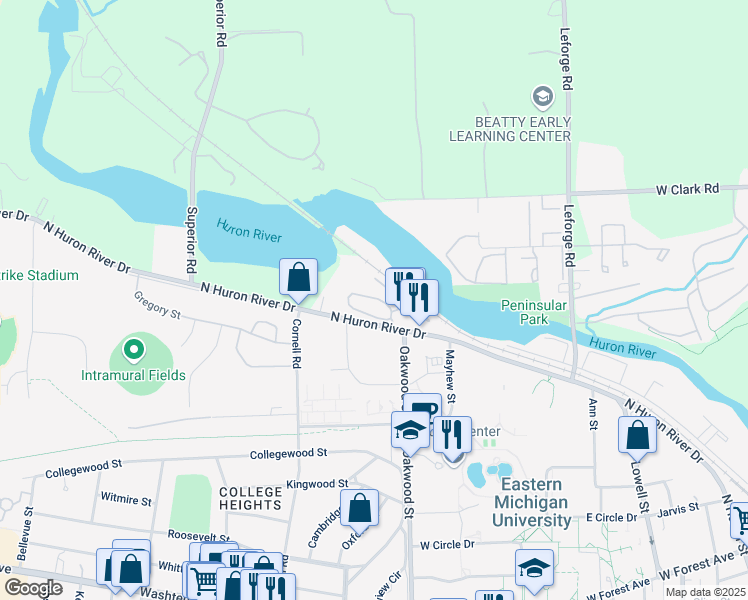map of restaurants, bars, coffee shops, grocery stores, and more near 1130 North Huron River Drive in Ypsilanti