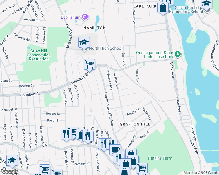 map of restaurants, bars, coffee shops, grocery stores, and more near 38 Middlesex Avenue in Worcester