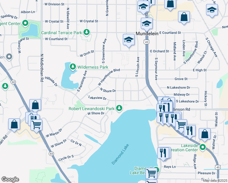 map of restaurants, bars, coffee shops, grocery stores, and more near 421 South Prairie Avenue in Mundelein