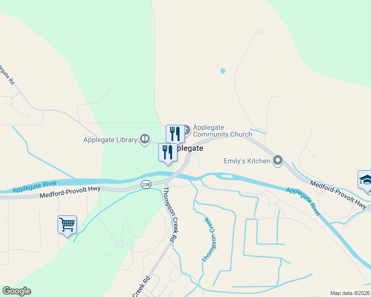 map of restaurants, bars, coffee shops, grocery stores, and more near 15090 Oregon 238 in Applegate