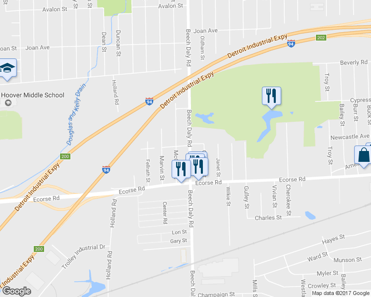 map of restaurants, bars, coffee shops, grocery stores, and more near 6810 Beech Daly Road in Taylor