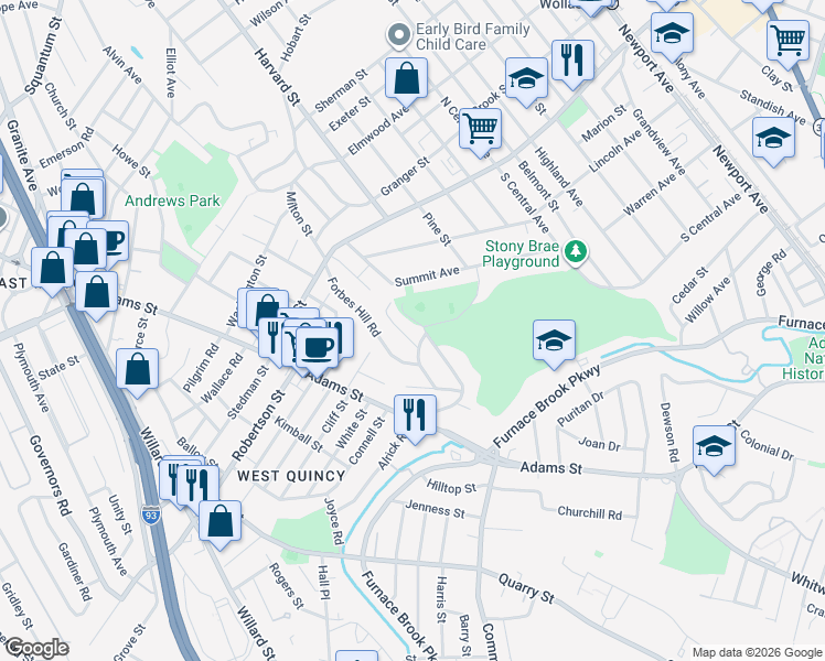 map of restaurants, bars, coffee shops, grocery stores, and more near 21 Stoney Brae Road in Quincy