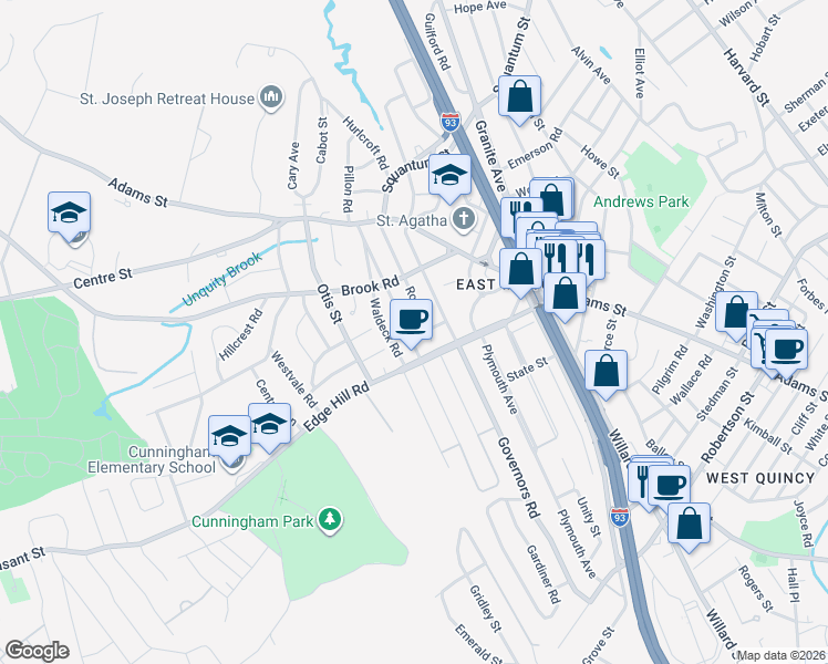 map of restaurants, bars, coffee shops, grocery stores, and more near 242 Edge Hill Road in Milton