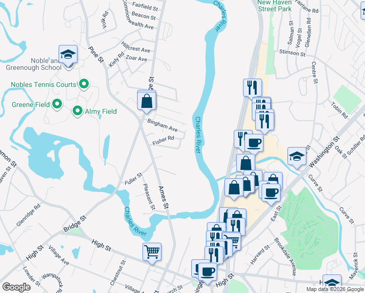 map of restaurants, bars, coffee shops, grocery stores, and more near 14 Shaw Lane in Dedham