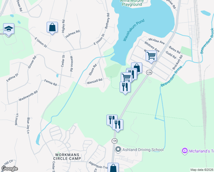 map of restaurants, bars, coffee shops, grocery stores, and more near 46 Williams Road in Ashland