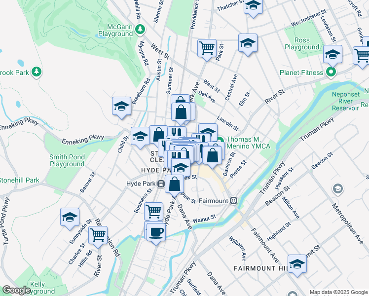 map of restaurants, bars, coffee shops, grocery stores, and more near 1279 River Street in Boston