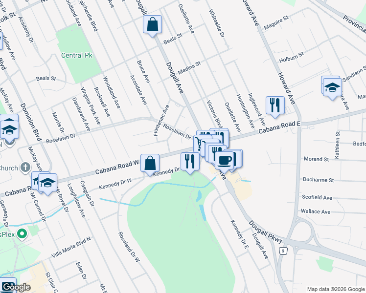 map of restaurants, bars, coffee shops, grocery stores, and more near 475 Cabana Road West in Windsor