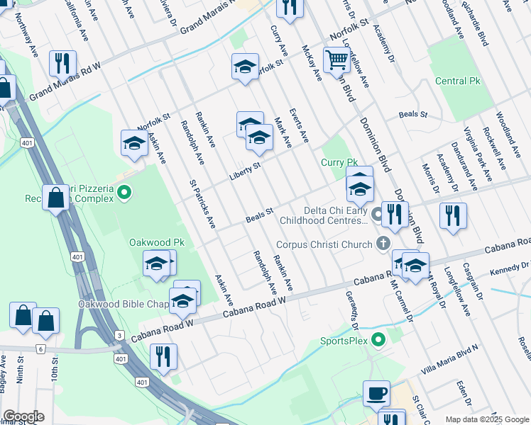 map of restaurants, bars, coffee shops, grocery stores, and more near Charlevoix Avenue in Windsor