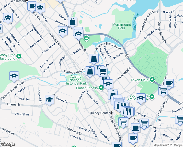 map of restaurants, bars, coffee shops, grocery stores, and more near 11 Thayer Street in Quincy