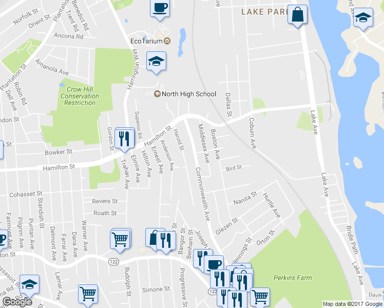 map of restaurants, bars, coffee shops, grocery stores, and more near 34 Harold Street in Worcester