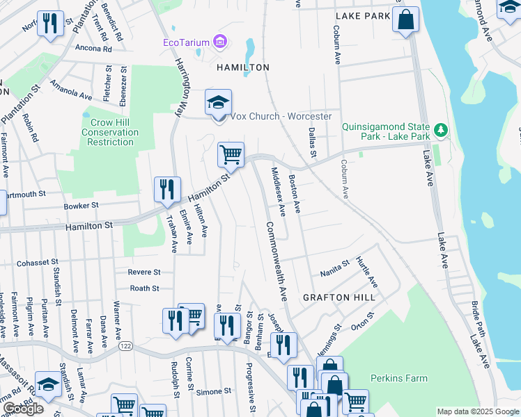 map of restaurants, bars, coffee shops, grocery stores, and more near 34 Harold Street in Worcester