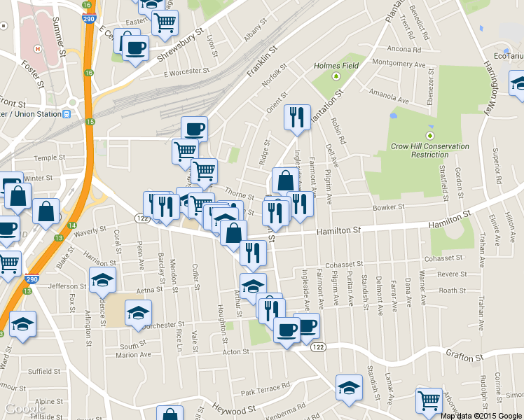 map of restaurants, bars, coffee shops, grocery stores, and more near 81 Plantation Street in Worcester