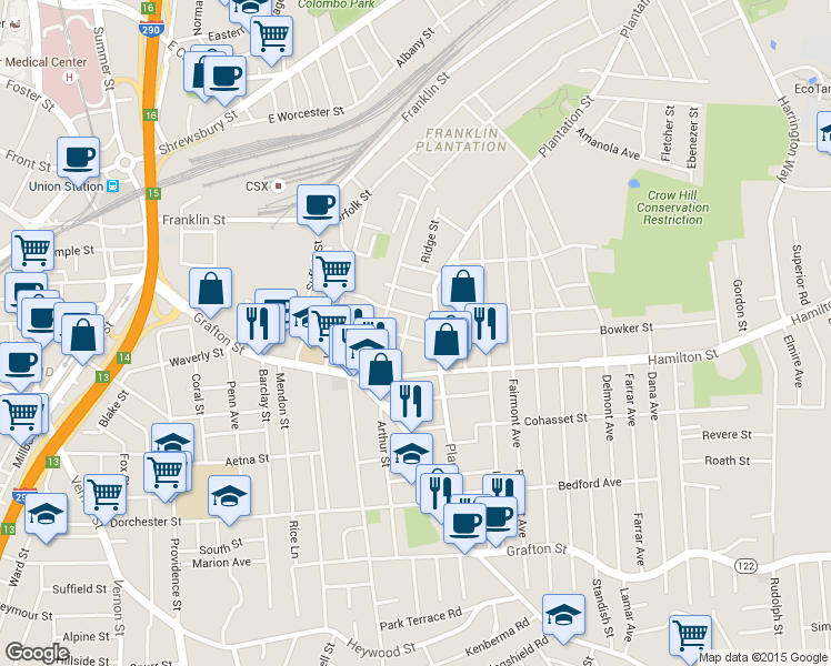 map of restaurants, bars, coffee shops, grocery stores, and more near 7 Dupont Street in Worcester