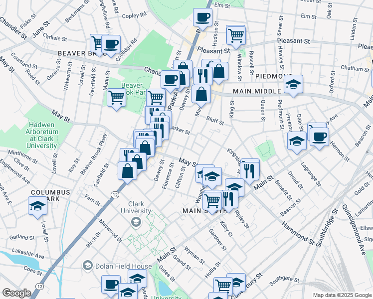 map of restaurants, bars, coffee shops, grocery stores, and more near 44 May Street in Worcester
