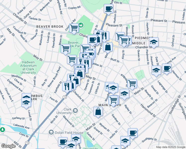 map of restaurants, bars, coffee shops, grocery stores, and more near 59 May Street in Worcester