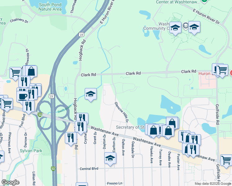 map of restaurants, bars, coffee shops, grocery stores, and more near 2167 Glencoe Hills Drive in Ann Arbor