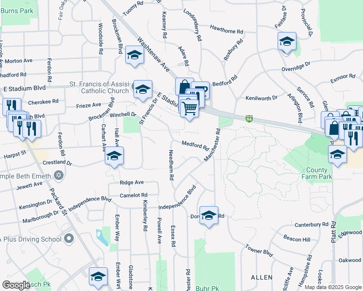 map of restaurants, bars, coffee shops, grocery stores, and more near 5 Buckingham Court in Ann Arbor