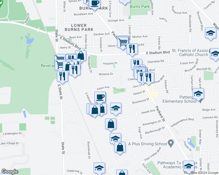 map of restaurants, bars, coffee shops, grocery stores, and more near 1310 Astor Avenue in Ann Arbor