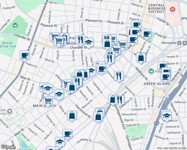 map of restaurants, bars, coffee shops, grocery stores, and more near 770 Main Street in Worcester