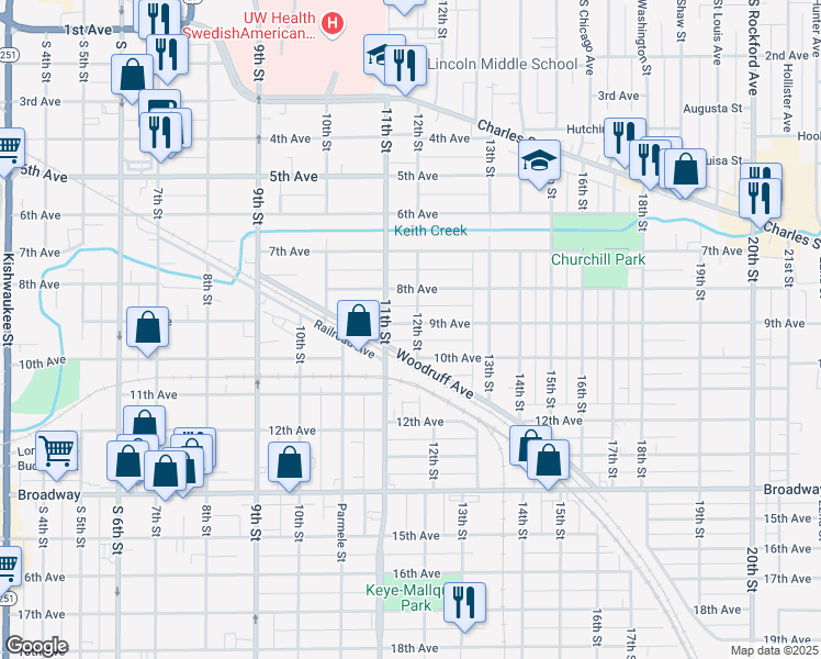 map of restaurants, bars, coffee shops, grocery stores, and more near 1525 9th Avenue in Rockford