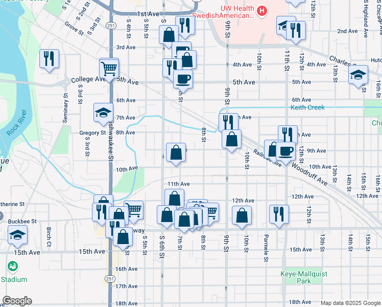 map of restaurants, bars, coffee shops, grocery stores, and more near 1119 9th Avenue in Rockford