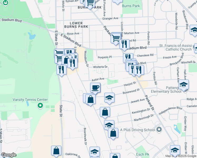 map of restaurants, bars, coffee shops, grocery stores, and more near Astor Avenue in Ann Arbor