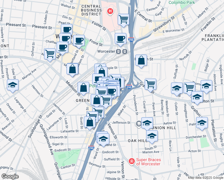 map of restaurants, bars, coffee shops, grocery stores, and more near 96 Massachusetts 122 in Worcester