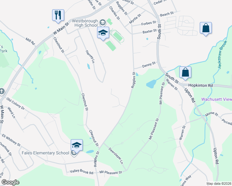 map of restaurants, bars, coffee shops, grocery stores, and more near 75 Ruggles Street in Westborough