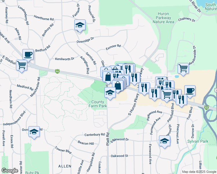map of restaurants, bars, coffee shops, grocery stores, and more near 2143 Platt Road in Ann Arbor