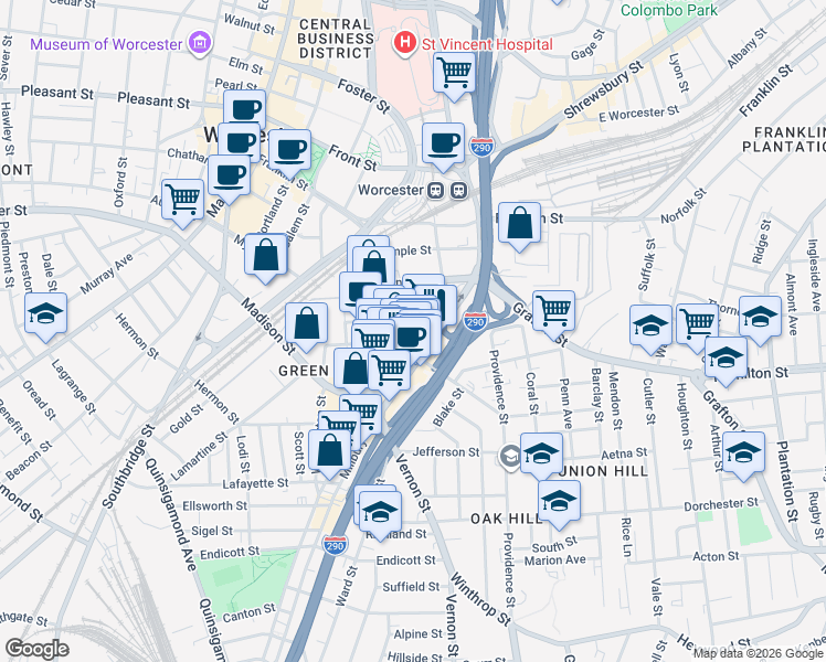 map of restaurants, bars, coffee shops, grocery stores, and more near 96 Massachusetts 122 in Worcester