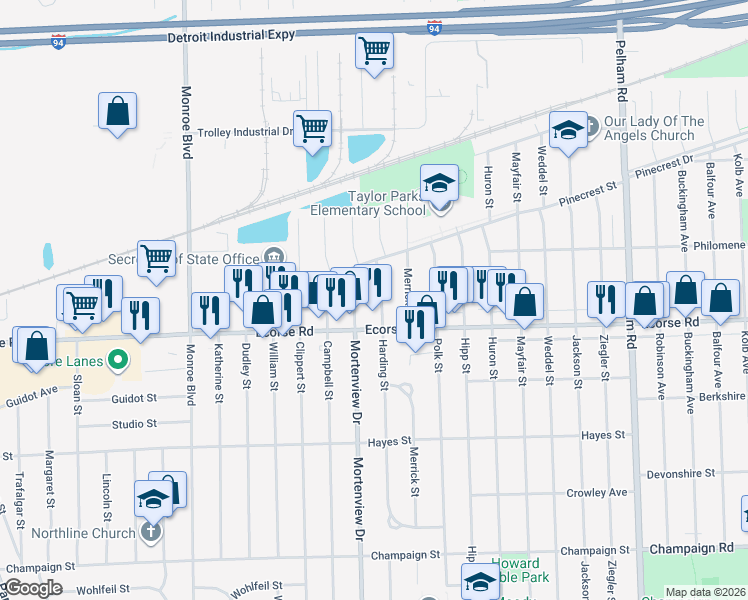 map of restaurants, bars, coffee shops, grocery stores, and more near 21000 Ecorse Road in Taylor
