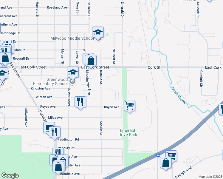 map of restaurants, bars, coffee shops, grocery stores, and more near 2210 East Cork Street in Kalamazoo