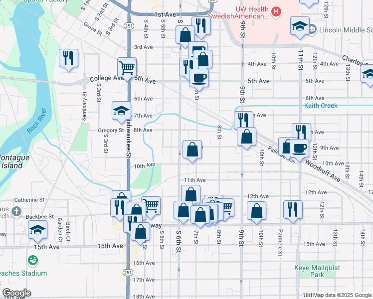 map of restaurants, bars, coffee shops, grocery stores, and more near 1011 9th Avenue in Rockford