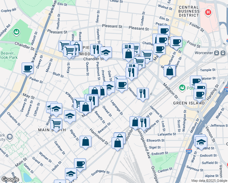 map of restaurants, bars, coffee shops, grocery stores, and more near 768 Main Street in Worcester