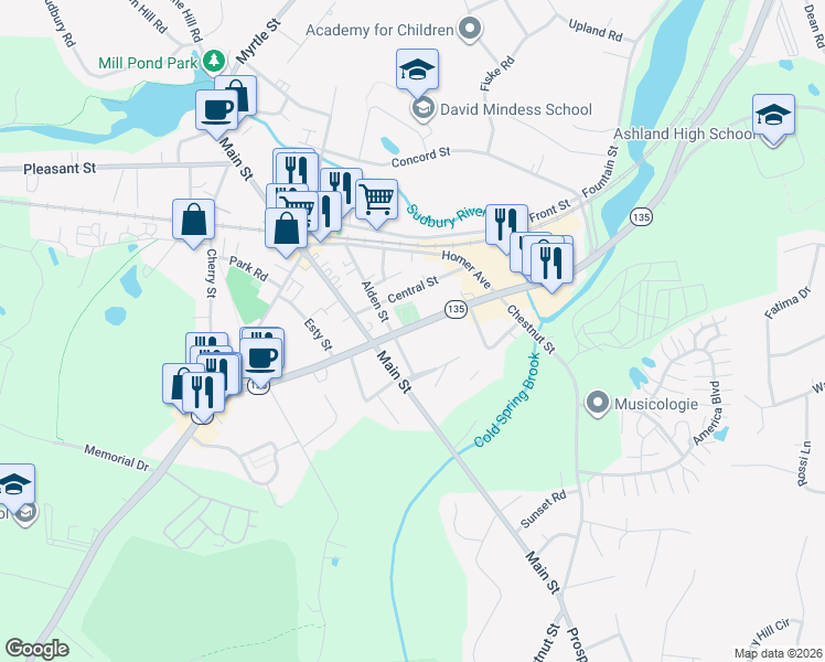 map of restaurants, bars, coffee shops, grocery stores, and more near 236 Union Street in Ashland