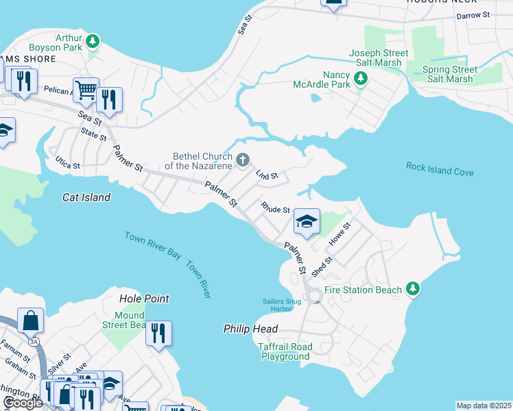 map of restaurants, bars, coffee shops, grocery stores, and more near 248 Palmer Street in Quincy