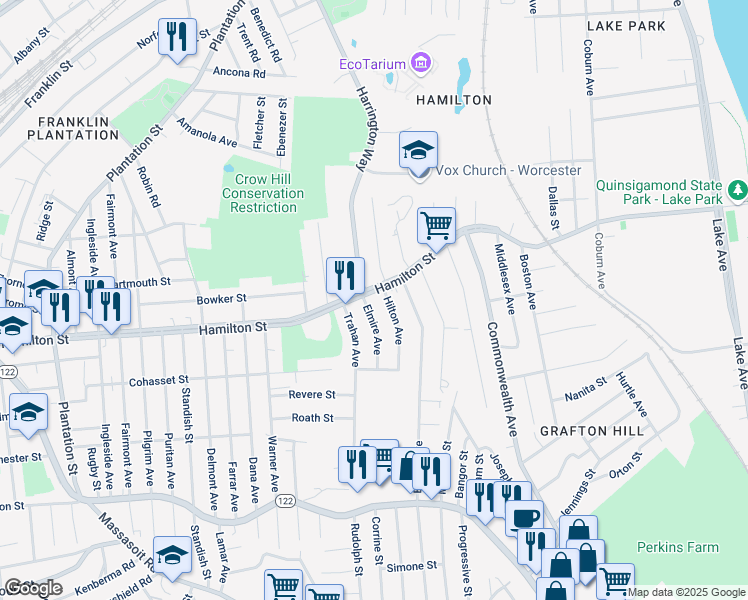 map of restaurants, bars, coffee shops, grocery stores, and more near 8 Elmire Avenue in Worcester