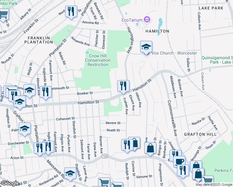 map of restaurants, bars, coffee shops, grocery stores, and more near 280 Hamilton Street in Worcester
