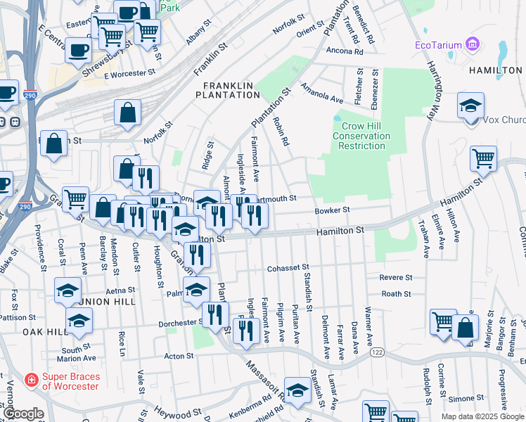 map of restaurants, bars, coffee shops, grocery stores, and more near 115 Fairmont Avenue in Worcester
