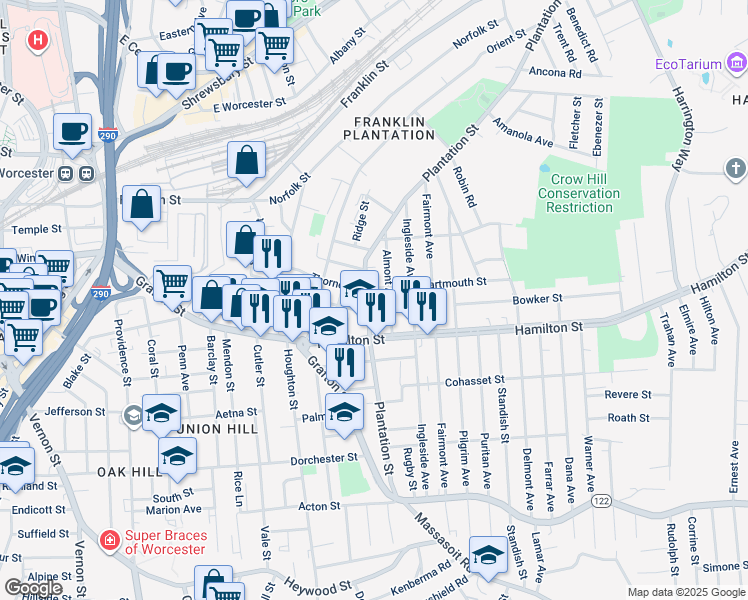 map of restaurants, bars, coffee shops, grocery stores, and more near 81 Plantation Street in Worcester