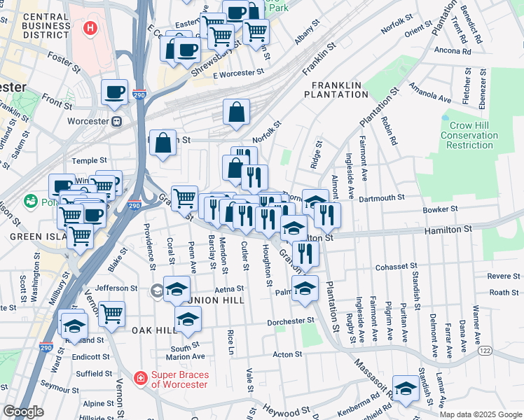 map of restaurants, bars, coffee shops, grocery stores, and more near 353 Grafton Street in Worcester