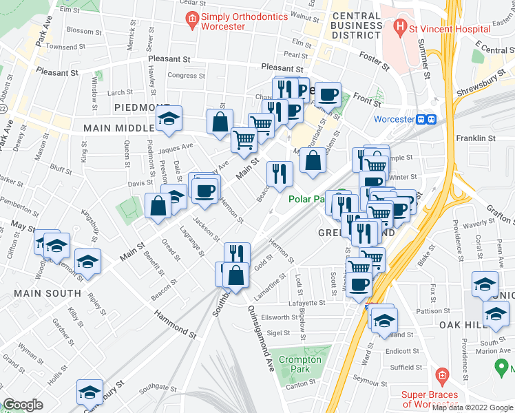 map of restaurants, bars, coffee shops, grocery stores, and more near 180 Southbridge Street in Worcester