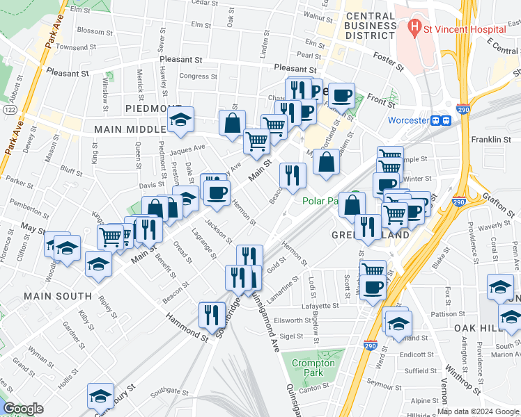 map of restaurants, bars, coffee shops, grocery stores, and more near 53 Hermon Street in Worcester