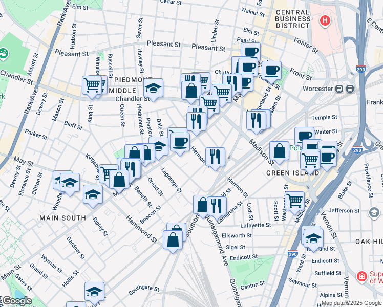 map of restaurants, bars, coffee shops, grocery stores, and more near 4 Harris Court in Worcester