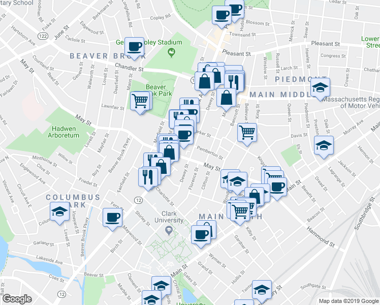 map of restaurants, bars, coffee shops, grocery stores, and more near 59 May Street in Worcester